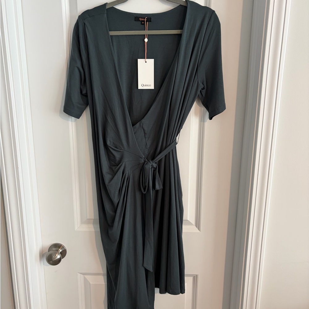 Quince Tencel Jersey Midi Wrap Dress Dark Olive Green Soft Stretch NWT M